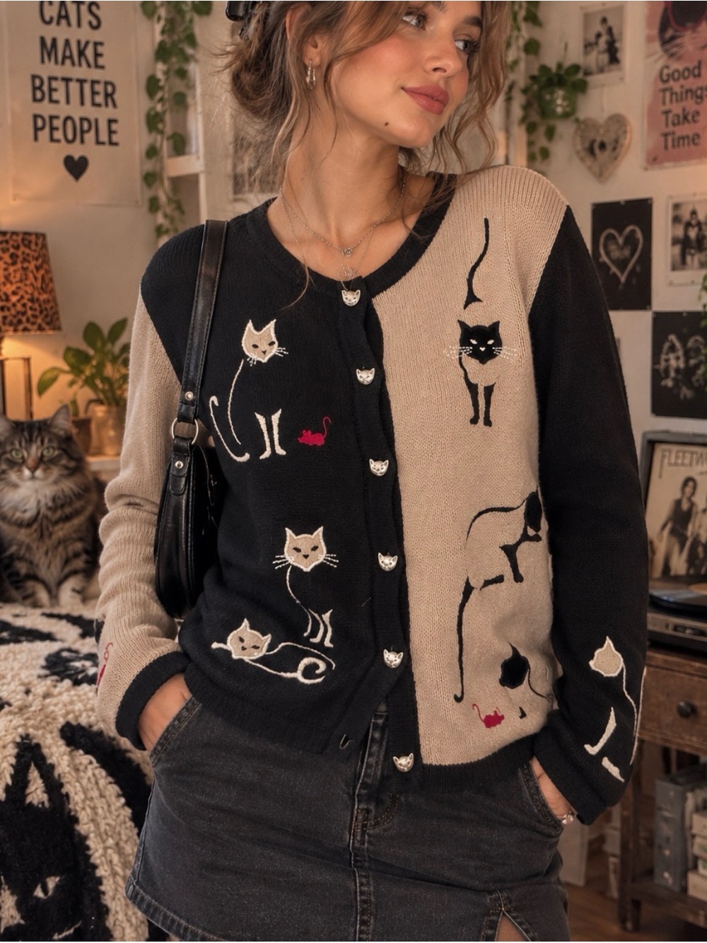 Vintage Christopher Banks Cat Cardigan Whimsical Y2K 2003 Sweater Cottagecore M